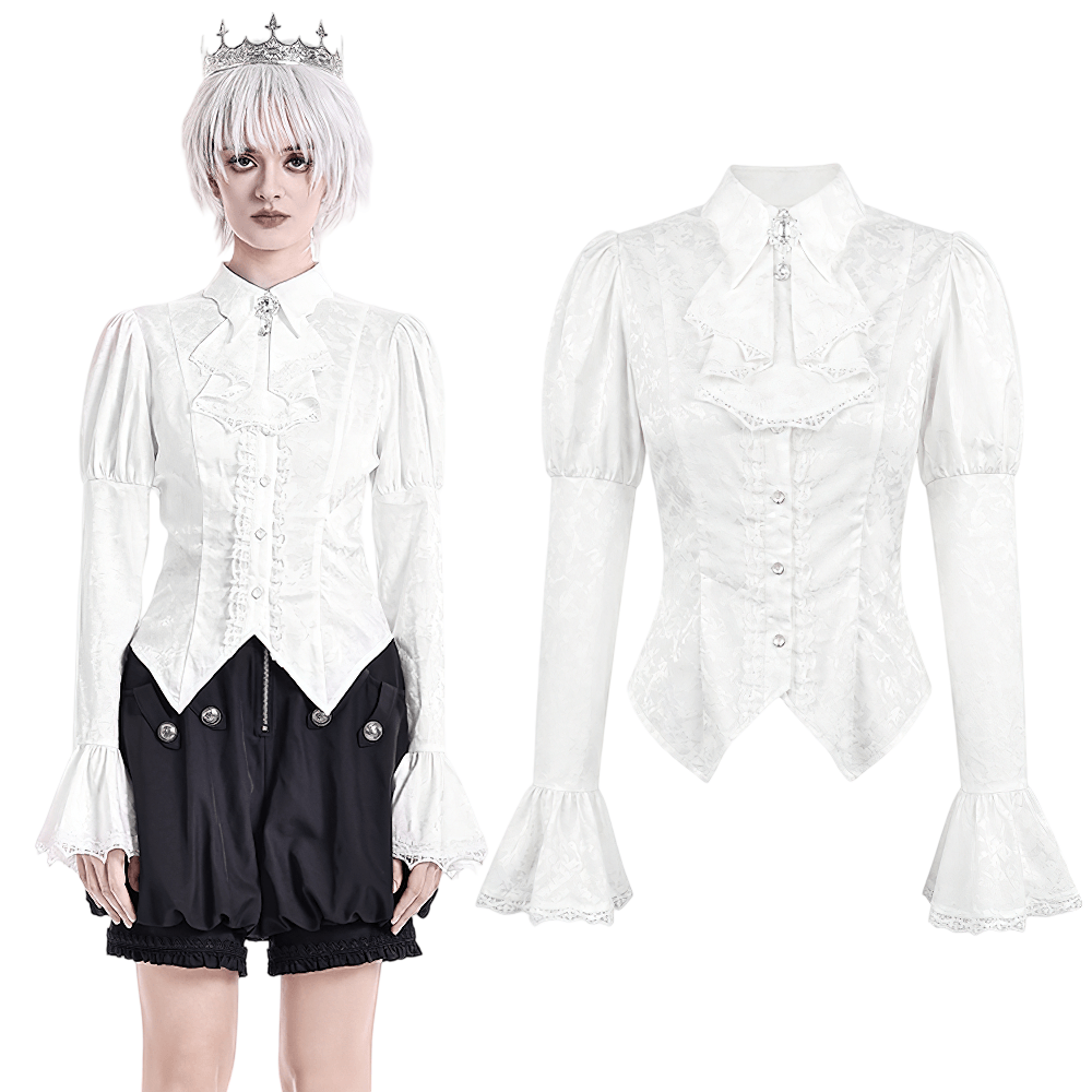 Women's Victorian Gothic Blouse with Corset Lace-Up Back, white romantic goth shirt with ruffles and bell sleeves
