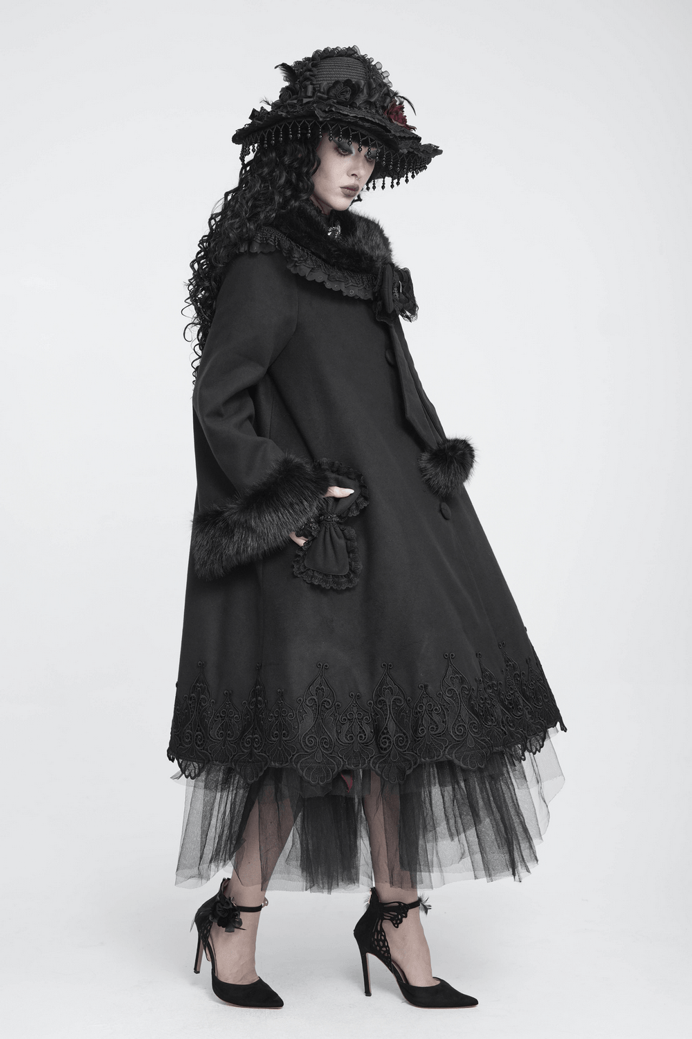 Women's Victorian Gothic Faux Fur Trim Long Coat black romantic lace hem overcoat with fur cuffs and collar