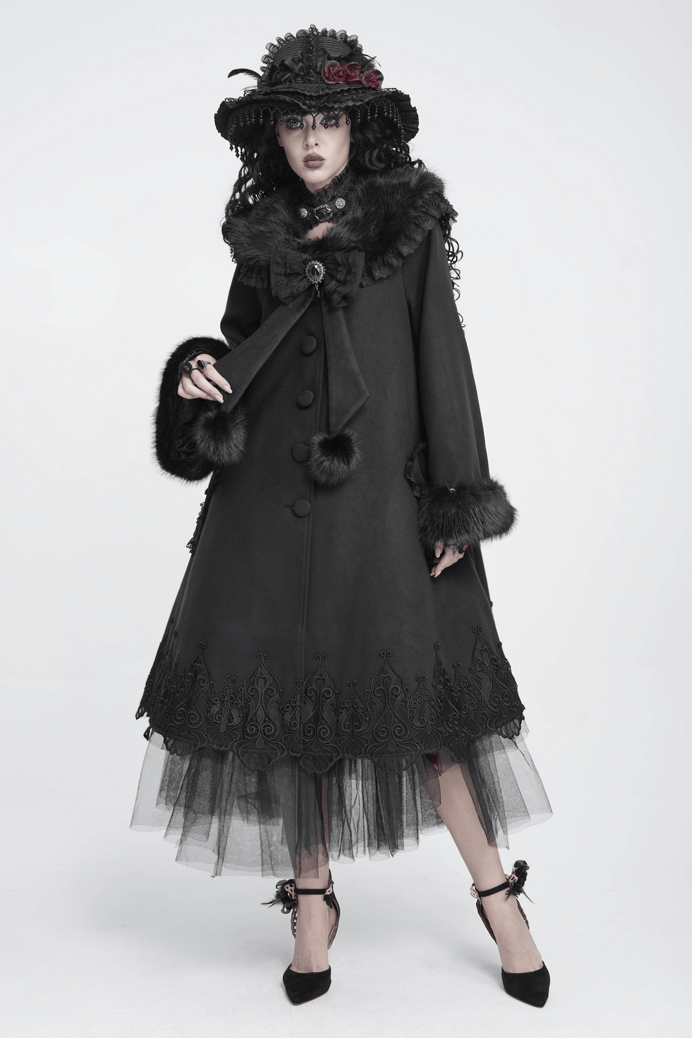 Veste gothique vernie à capuche pour femme avec fausse fourrure