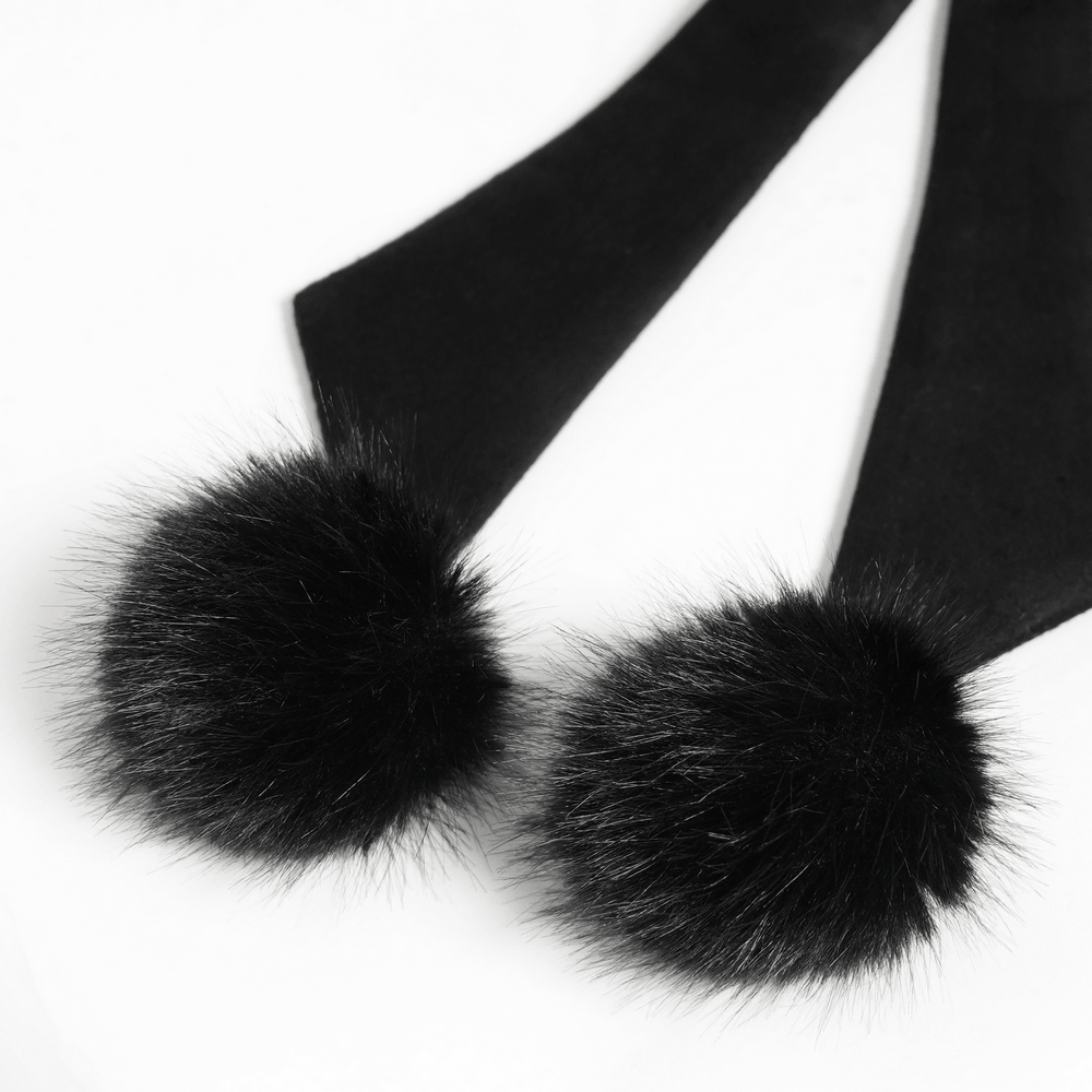Women's Victorian Gothic Faux Fur Trim Long Coat with plush black pom-pom cuffs and dramatic gothic flair