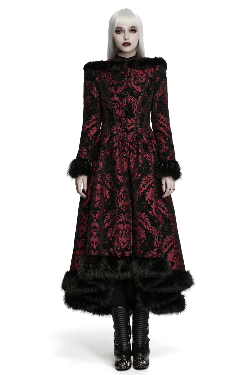Women's Victorian Gothic Jacquard Coat with Faux Fur
