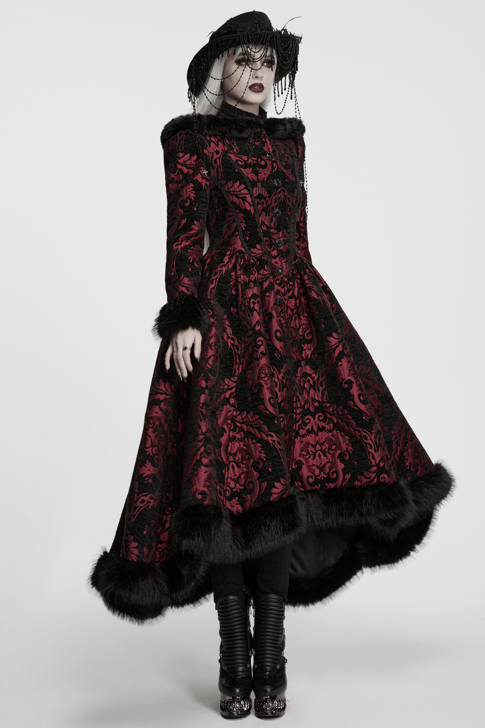 Women's Victorian Gothic Jacquard Coat with Faux Fur