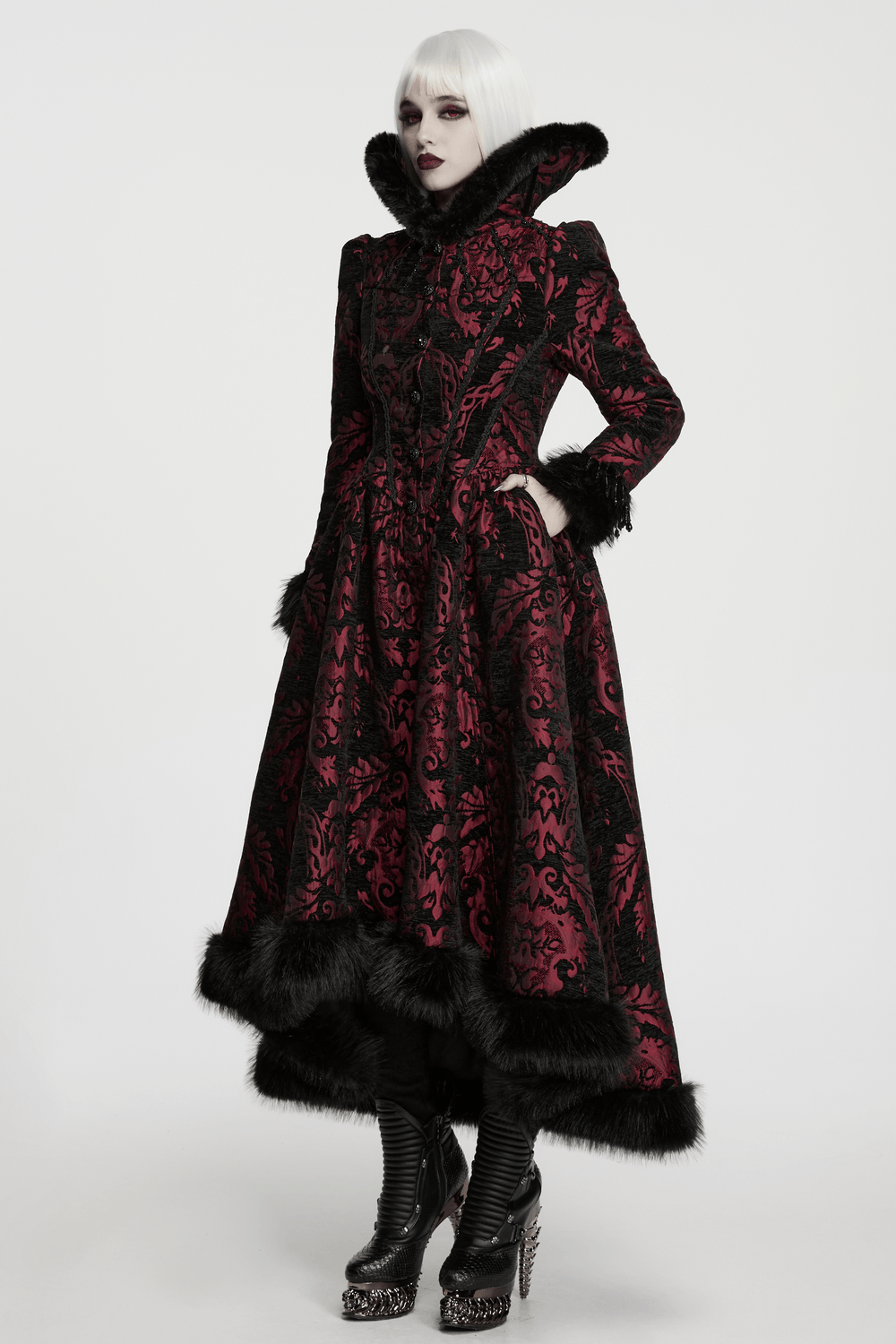 Women's Victorian Gothic Jacquard Coat with Faux Fur, dramatic red-and-black brocade maxi coat with plush faux fur trim and high collar