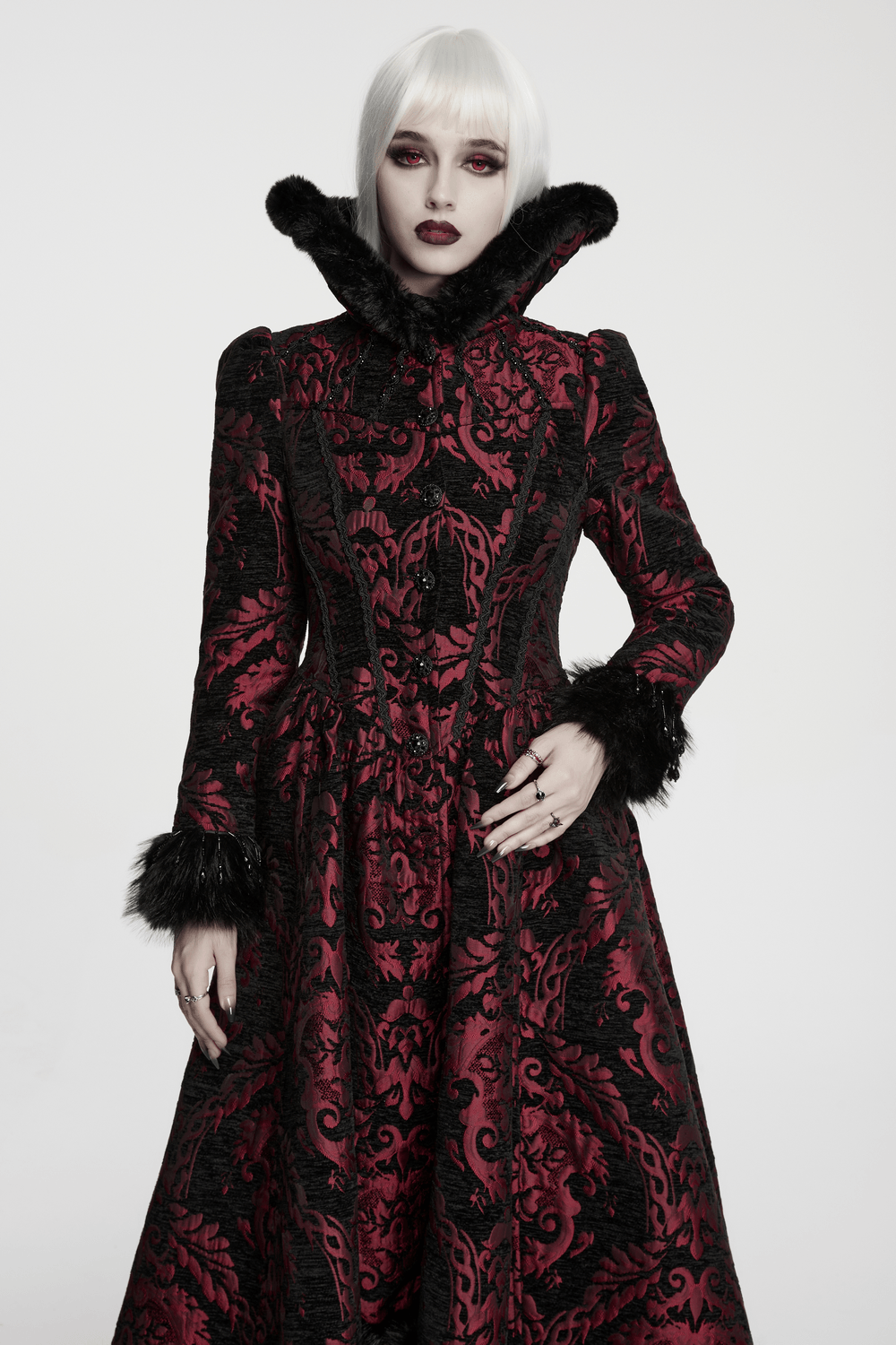 Women's Victorian Gothic Jacquard Coat with Faux Fur