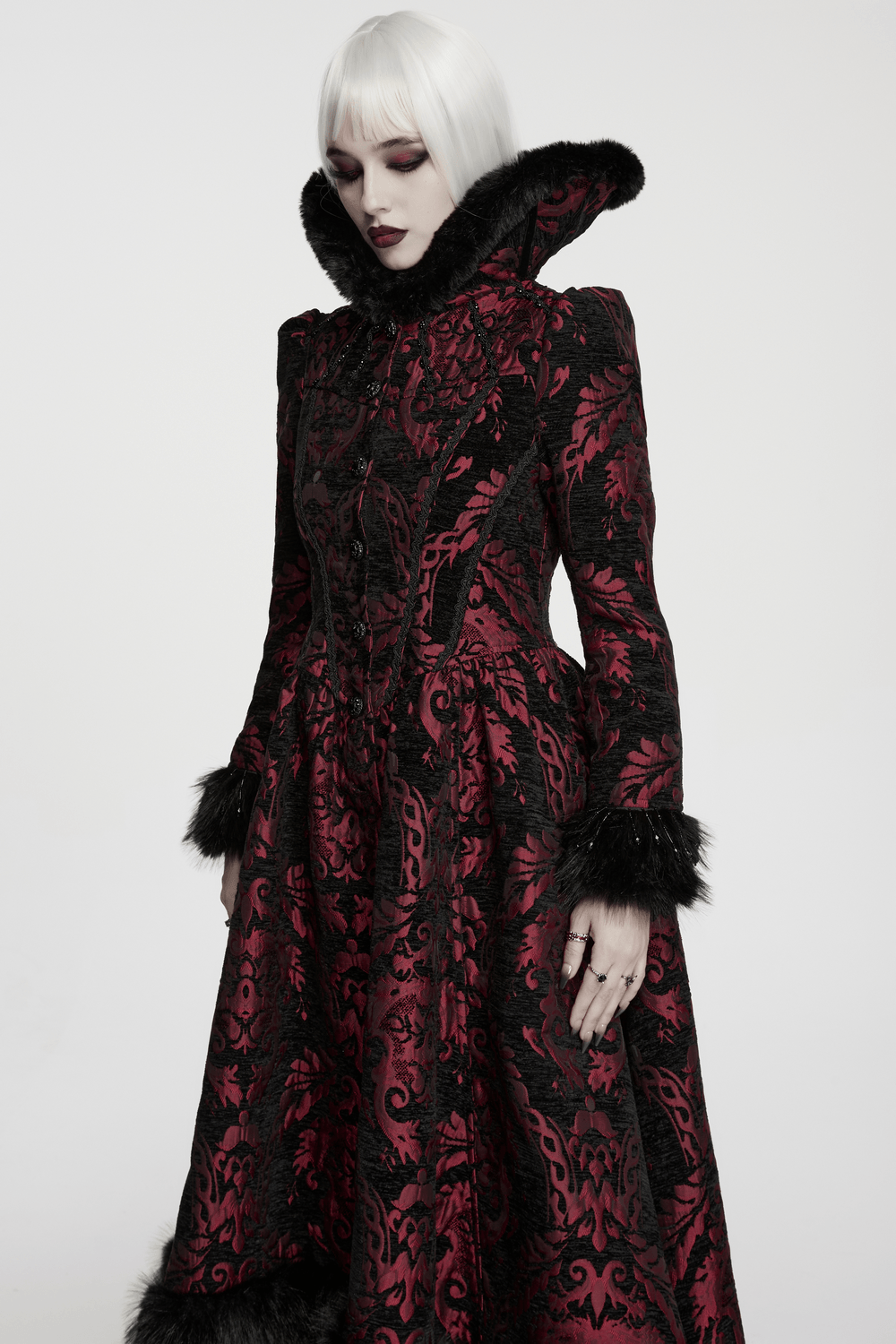 Women's Victorian Gothic Jacquard Coat with Faux Fur