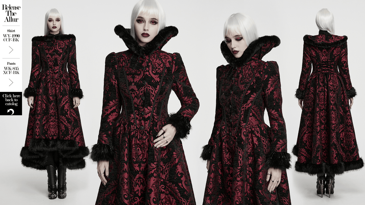 Women's Victorian Gothic Jacquard Coat with Faux Fur