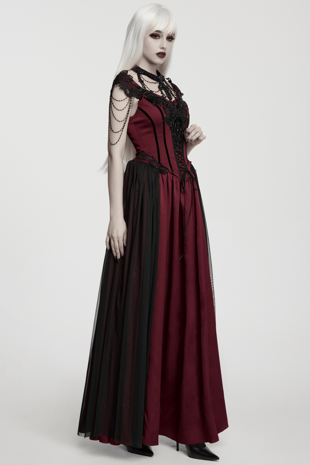 Women's Victorian Gothic Lace and Velvet Dress in deep burgundy with intricate lace and chains, perfect for elegant occasions.