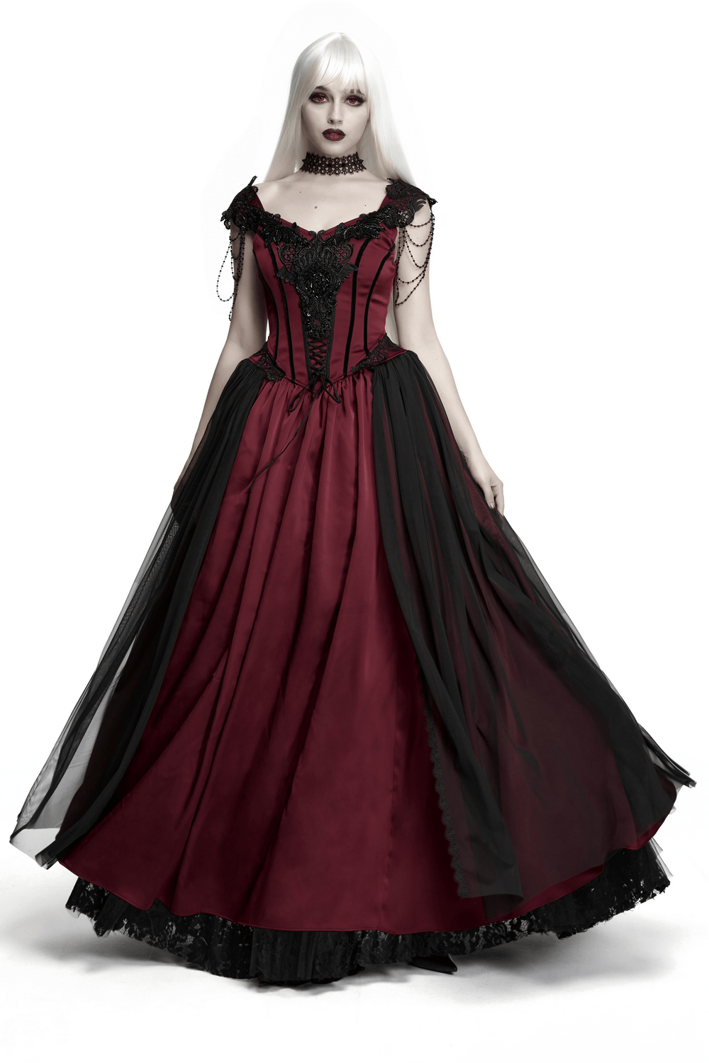 Women's Victorian Gothic Lace and Velvet Dress in burgundy with corset bodice and flowing mesh skirt.