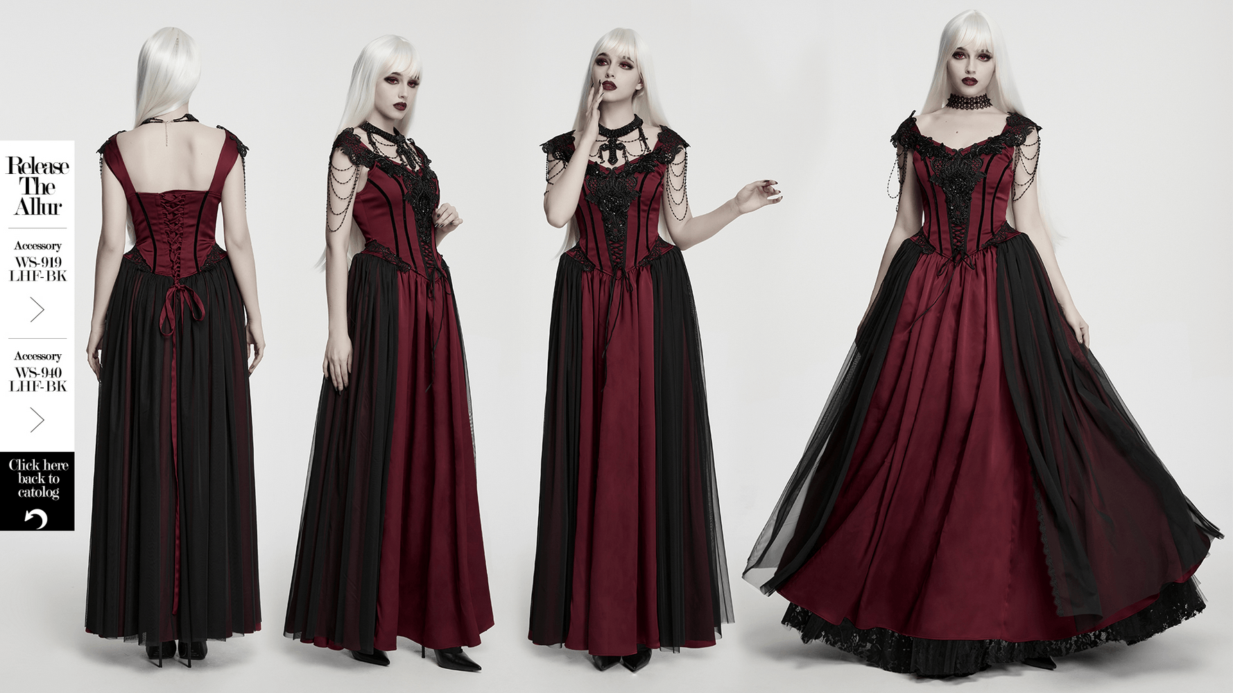 Women's Victorian Gothic Lace and Velvet Dress showcased from multiple angles, featuring a corset bodice and flowy skirt.