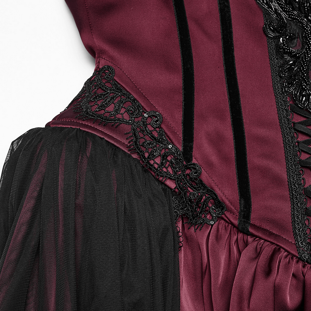 Detail of Women's Victorian Gothic Lace and Velvet Dress featuring intricate embroidery and mesh skirt.