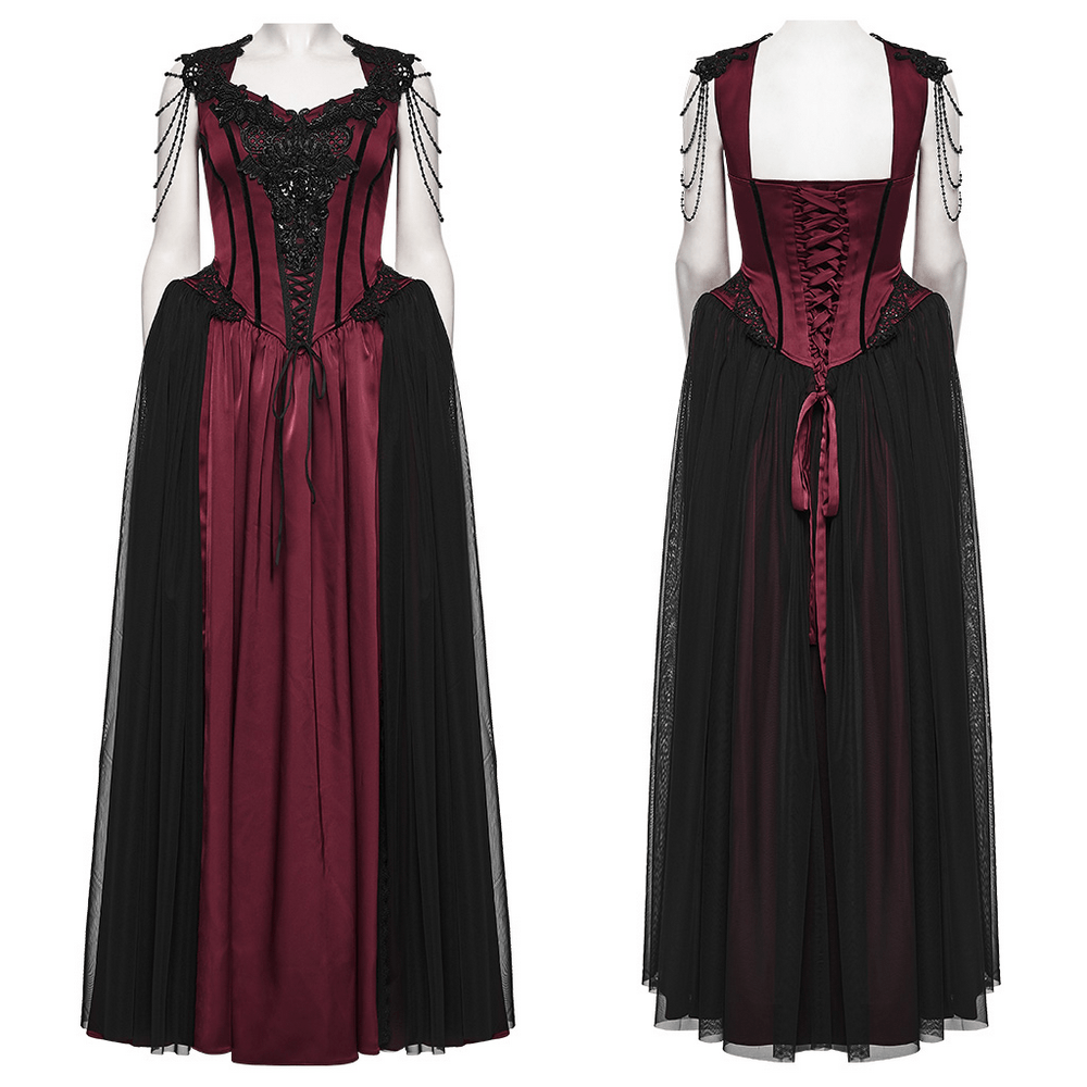 Women's Victorian Gothic Lace and Velvet Dress with burgundy corset bodice and black mesh skirt.