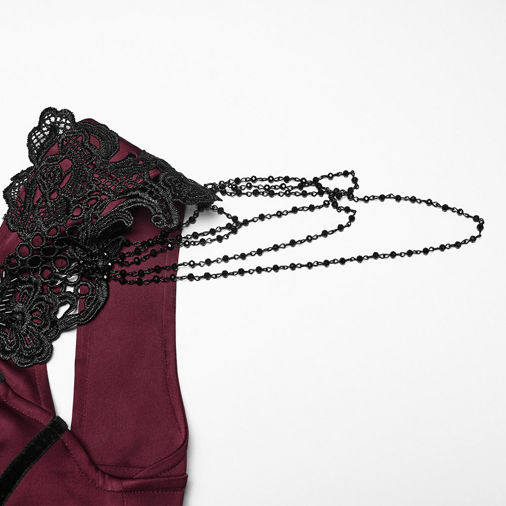 Women's Victorian Gothic Lace and Velvet Dress featuring intricate lace detailing and elegant chains.