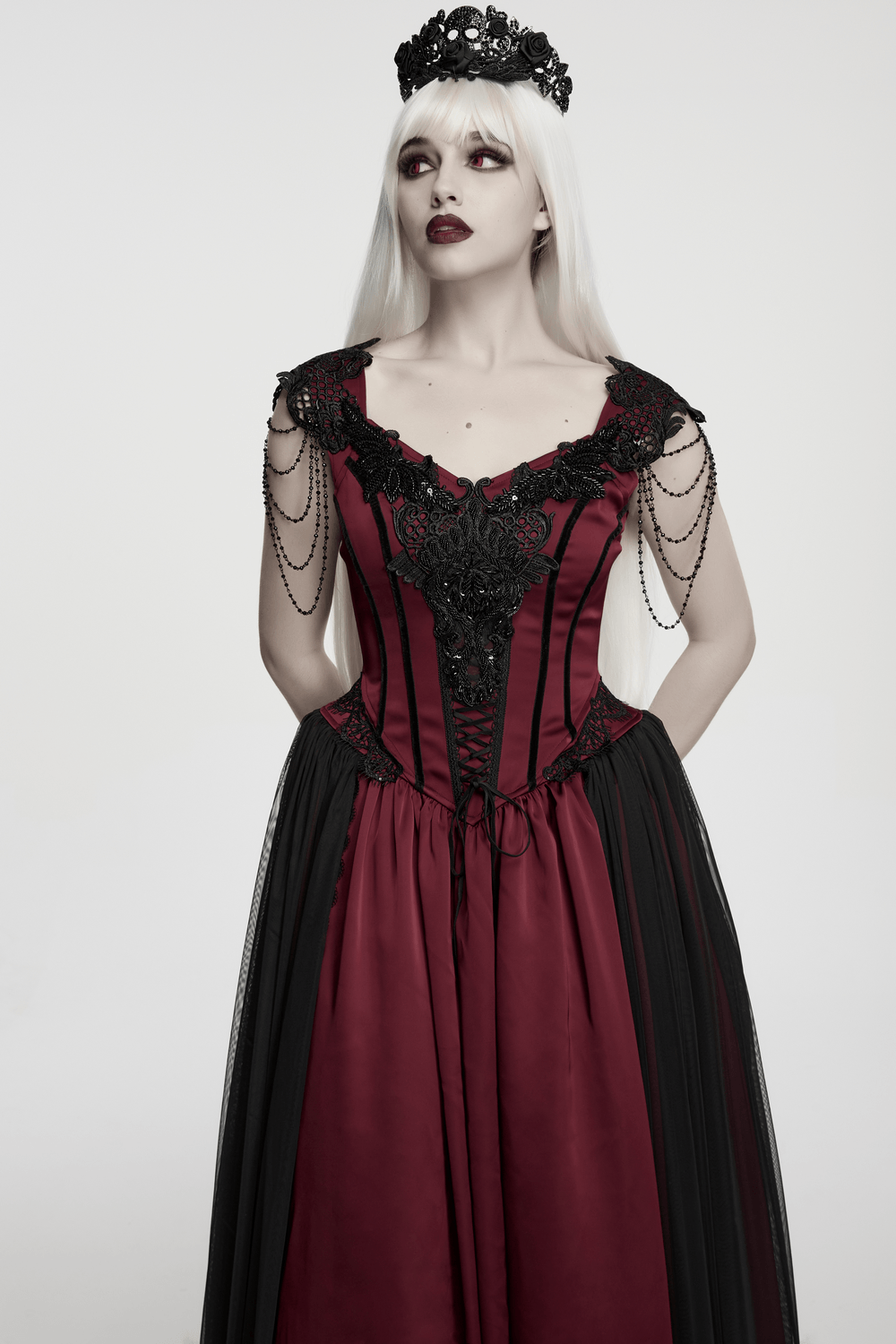 Women's Victorian Gothic Lace and Velvet Dress with corset bodice and elegant black and red design.