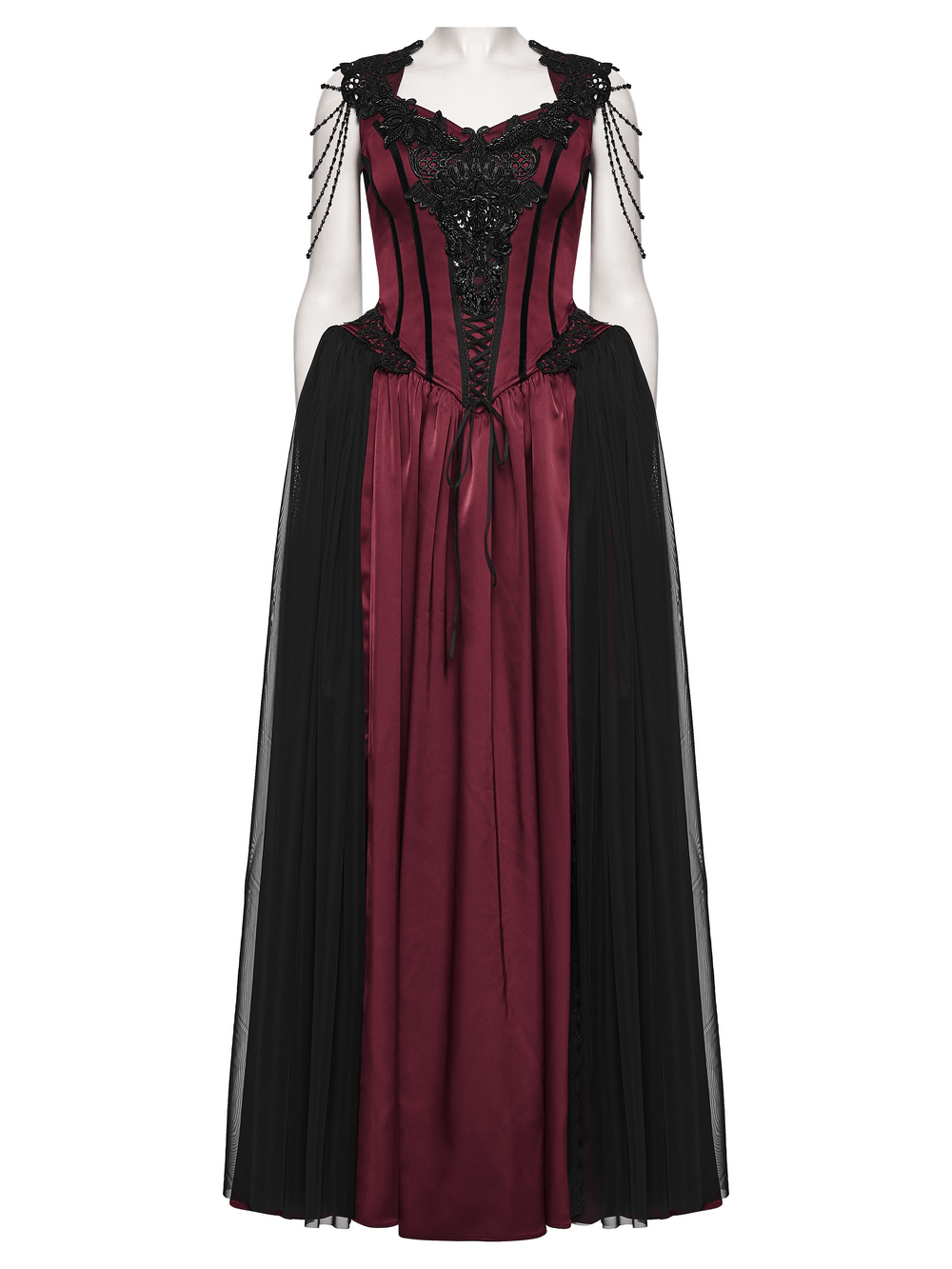 Women's Victorian Gothic Lace and Velvet Dress in burgundy with mesh skirt and intricate detailing