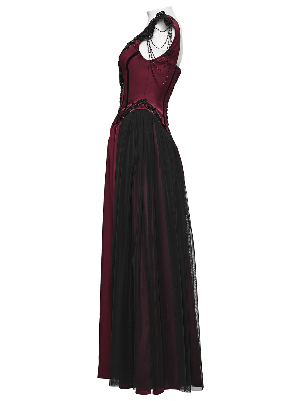 Women's Victorian Gothic Lace and Velvet Dress, featuring a corset bodice and flowing mesh skirt.