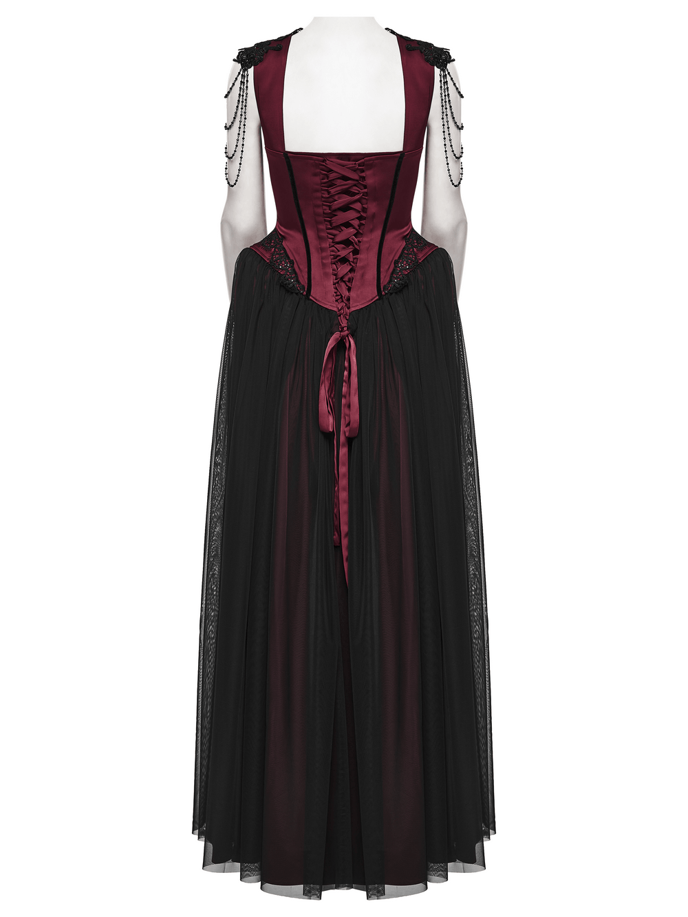 Back view of Women's Victorian Gothic Lace and Velvet Dress showcasing corset bodice and flowing mesh skirt.