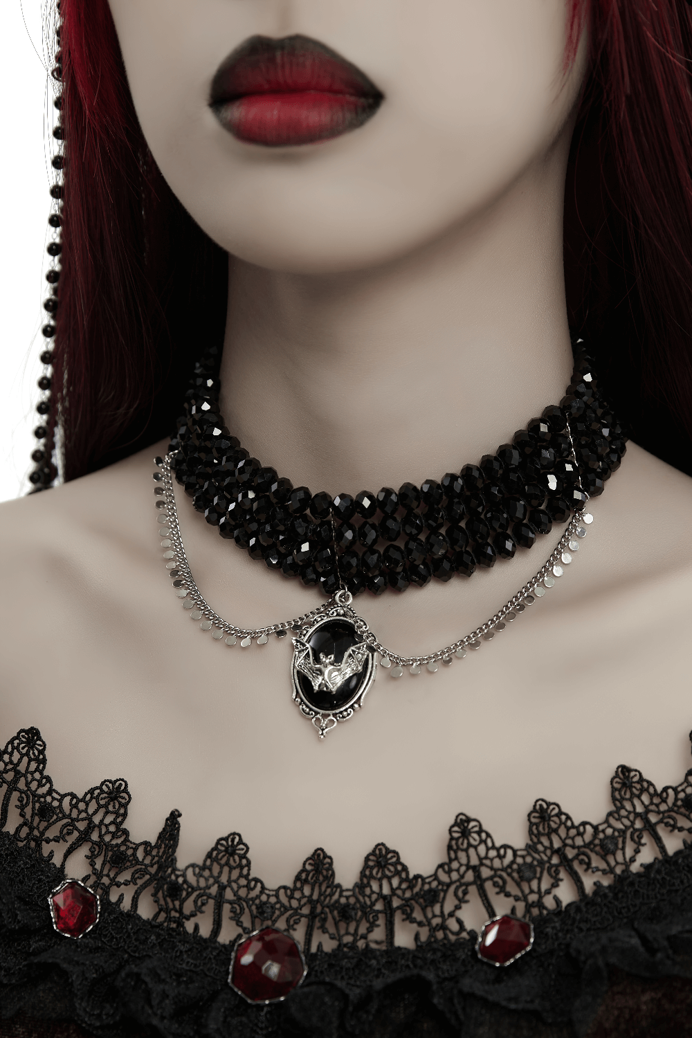 Women's Victorian Layered Bead Choker with Bat Design