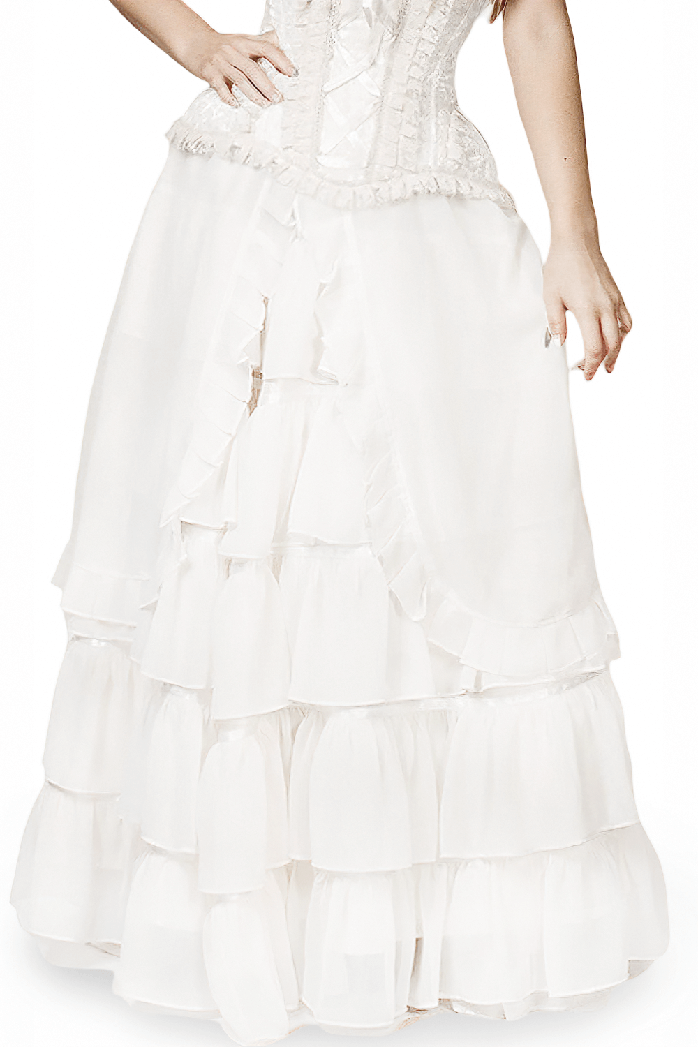 Elegant ivory Victorian layered maxi skirt with ruffles, perfect for vintage and formal occasions.