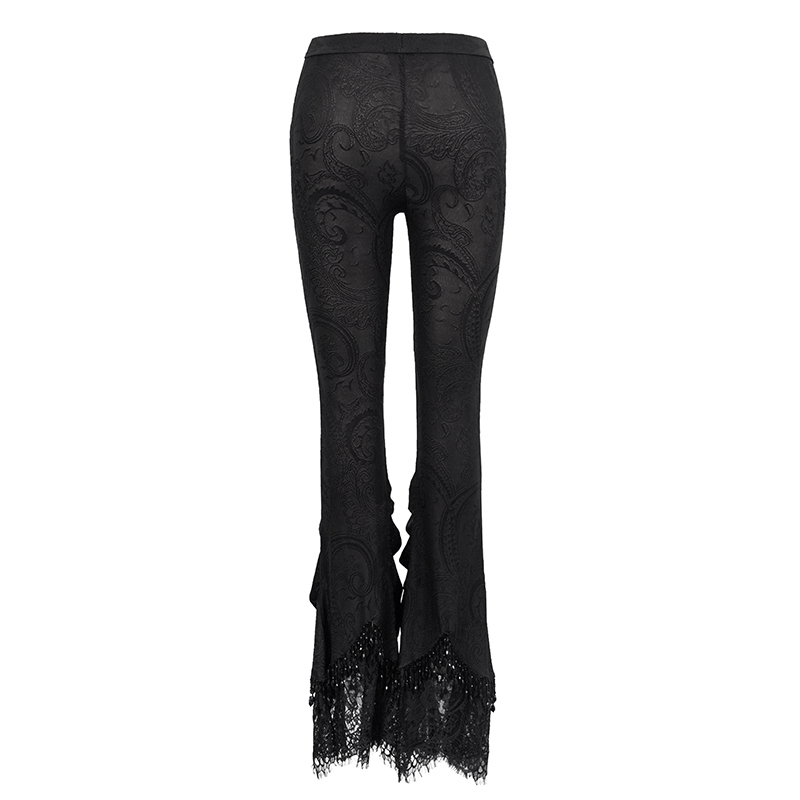 Back view of women's vintage gothic black flared trousers with lace trim, perfect for alternative fashion.
