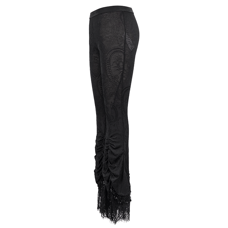 Women's vintage gothic black flared trousers with lace trim, perfect for alternative fashion lovers.