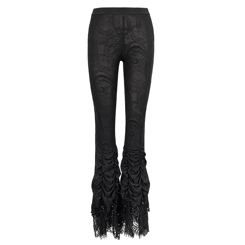 Women's Gothic black laced flared trousers with stylish lace trim, perfect for alternative fashion lovers.