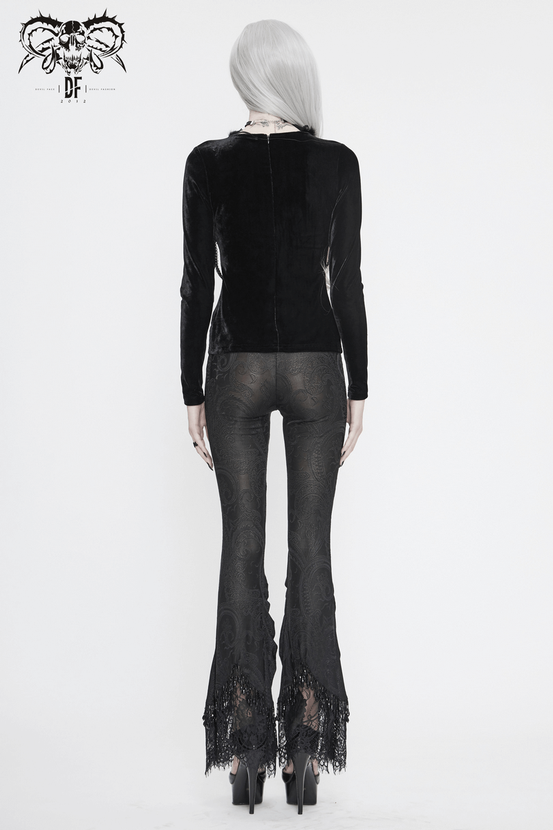 Back view of women's vintage gothic black lace flared trousers paired with a sleek black top, perfect for alternative fashion.
