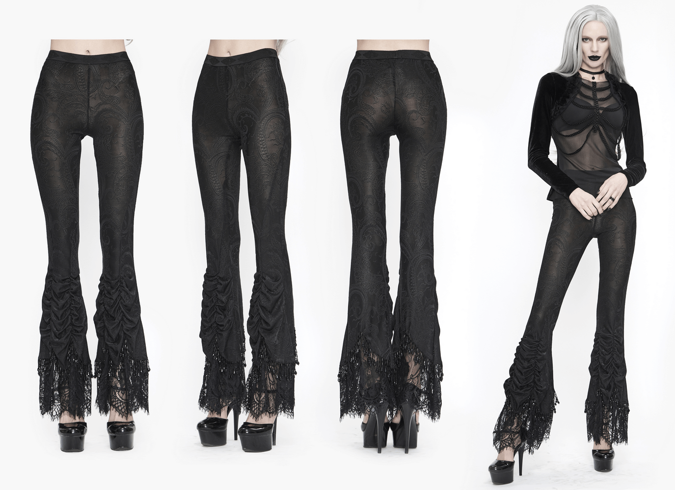 Women's vintage gothic black lace flared trousers with stylish cut and lace trim, perfect for alternative fashion.