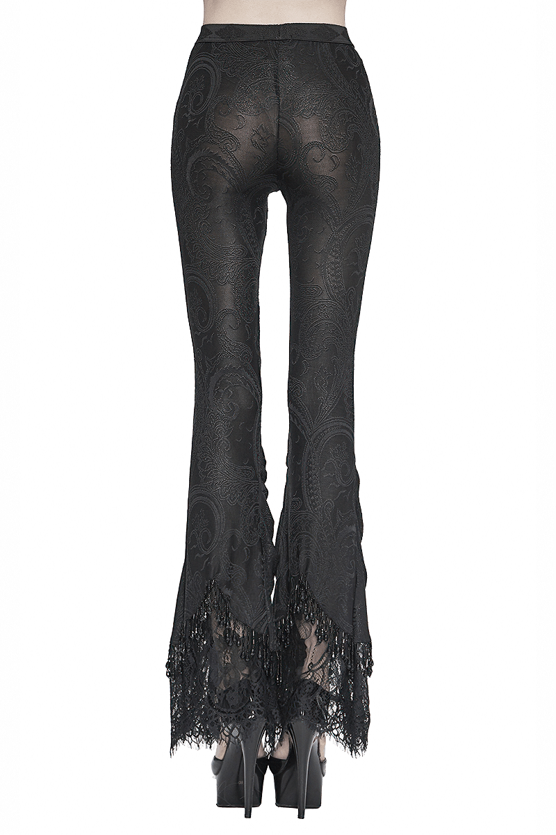 Back view of women's vintage gothic black lace flared trousers, showcasing intricate lace trim and a stylish flared cut.