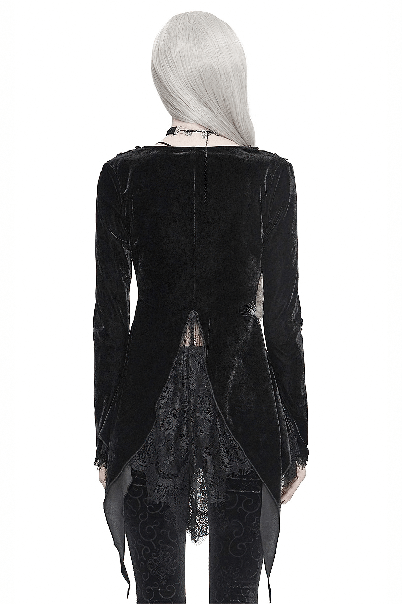 Back view of a women's vintage gothic black velvet and lace cape, showcasing its elegant style and design.
