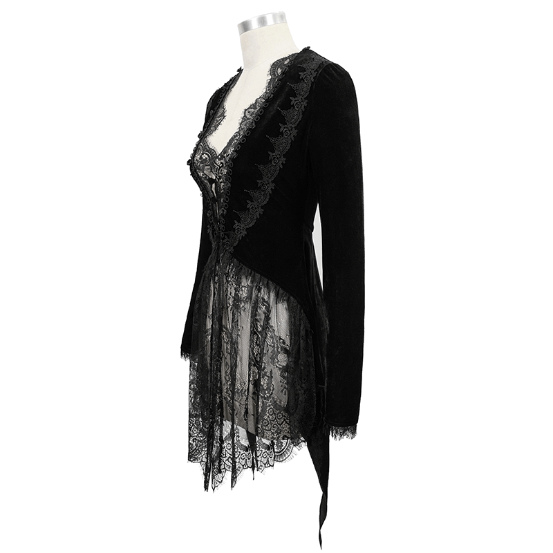 Stylish women's vintage gothic black velvet cape with delicate lace inserts, perfect for creating chic gothic outfits.