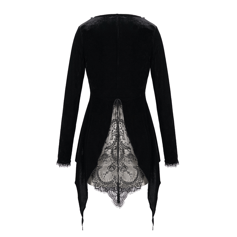 Elegant women's vintage black velvet cape with delicate lace back detail, perfect for gothic fashion.