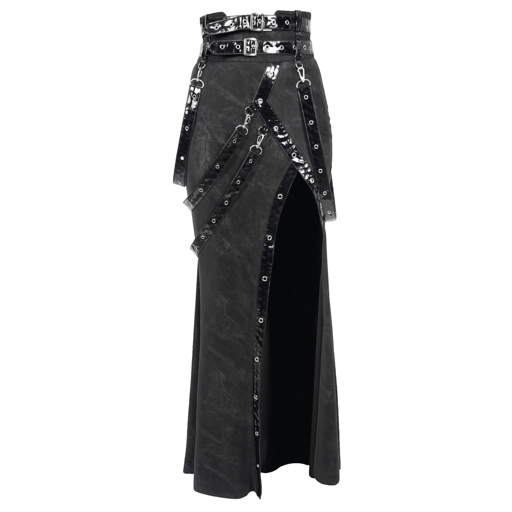 Women's vintage long black skirt with rivets and straps, perfect for steampunk and gothic fashion.