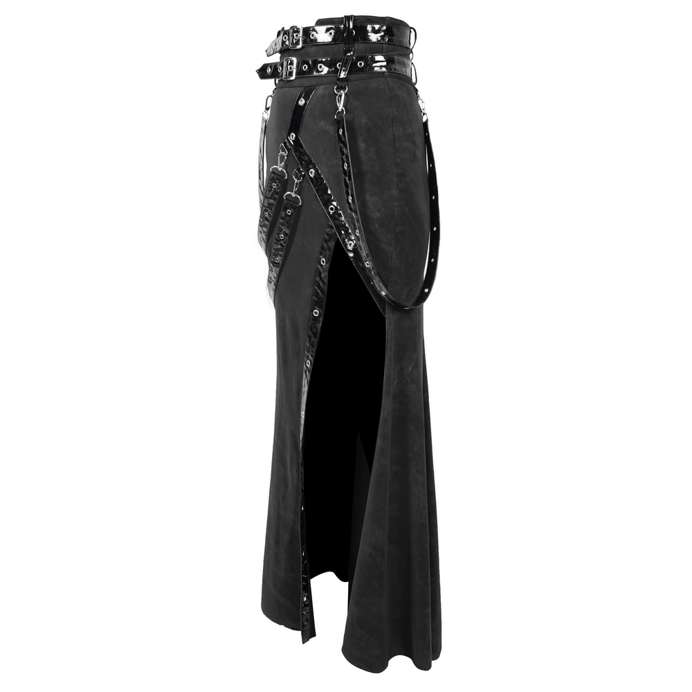 Women's vintage long skirt with straps and rivets, perfect for steampunk and gothic fashion.