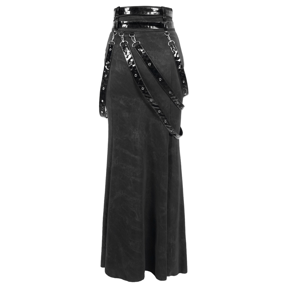 Women's vintage long skirt with straps and rivets, perfect for steampunk and punk fashion.