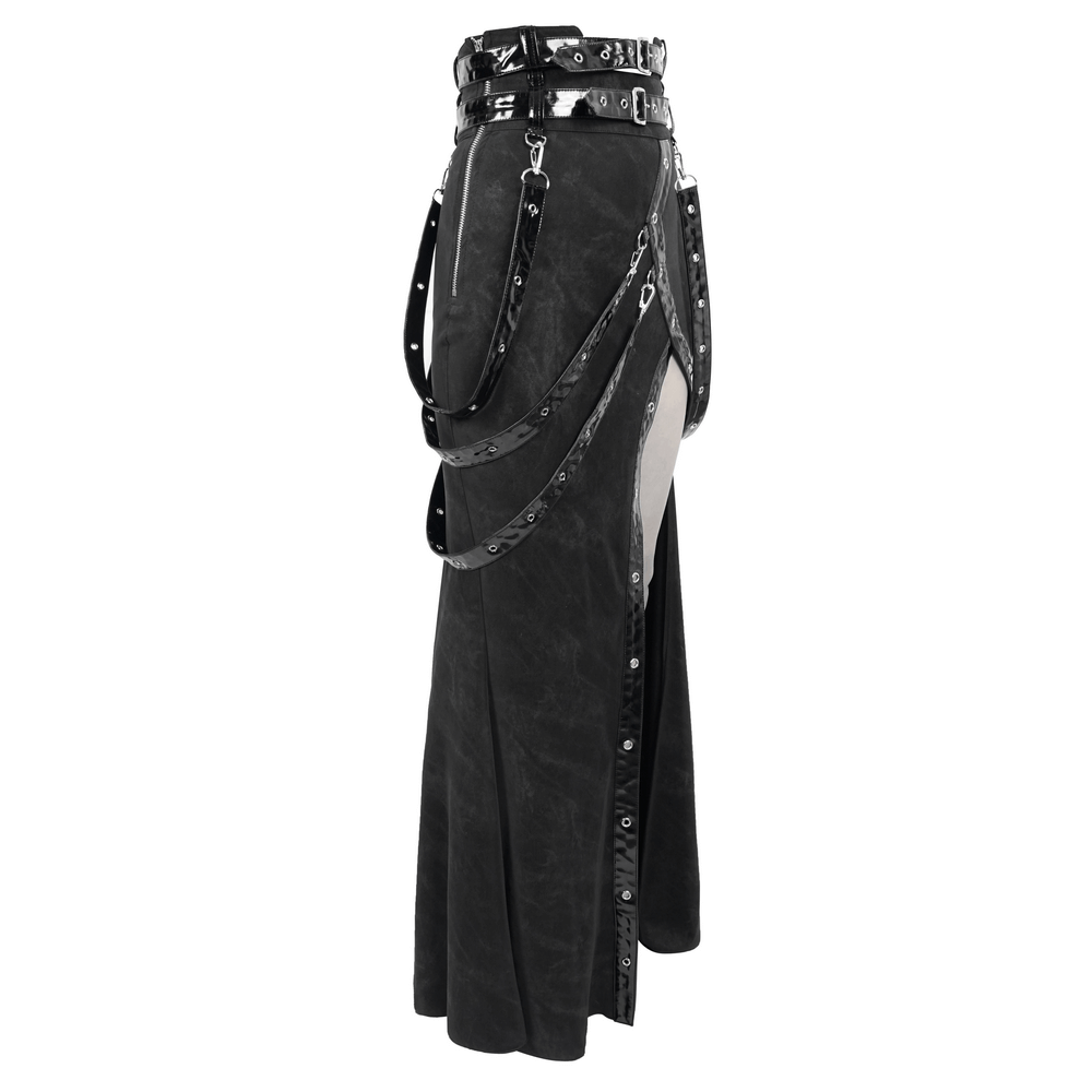 Women's vintage long black skirt with straps and rivets, perfect for steampunk fashion and punk outfits.
