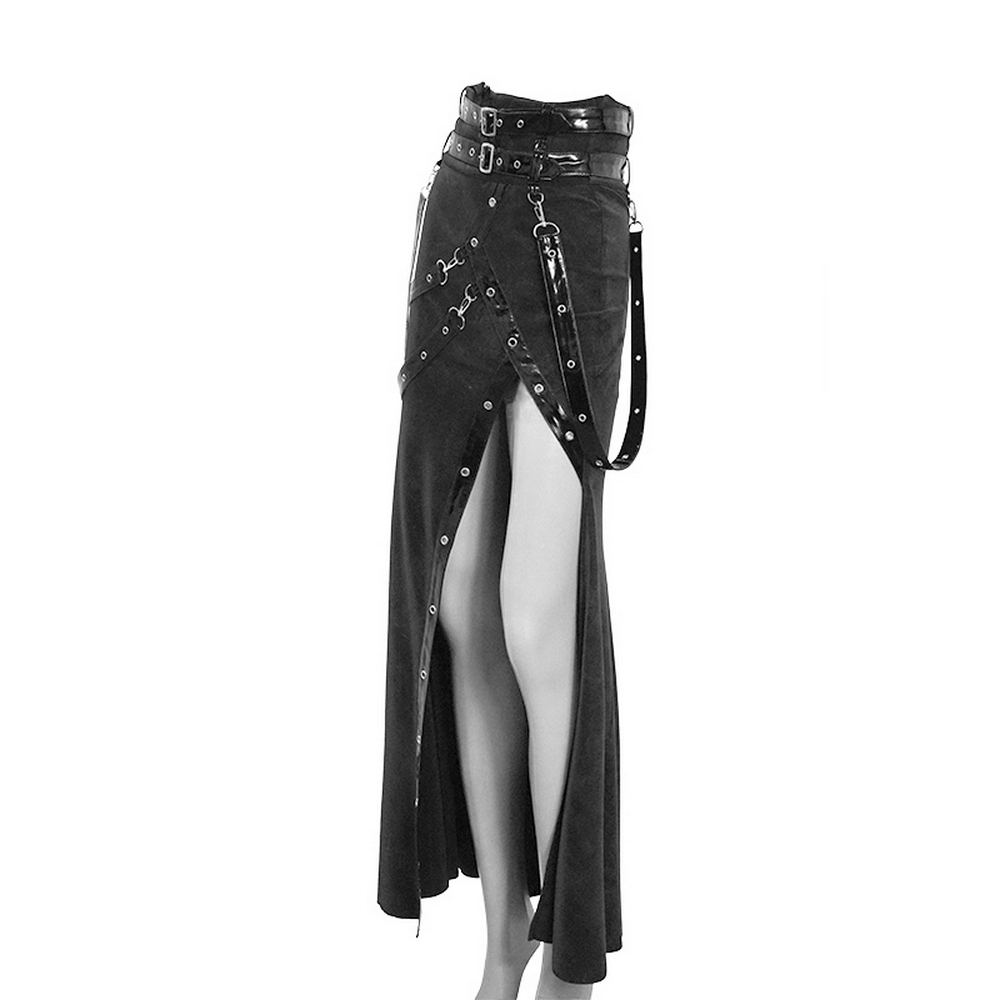 Women's vintage long skirt with straps and rivets, perfect for steampunk and gothic fashion.