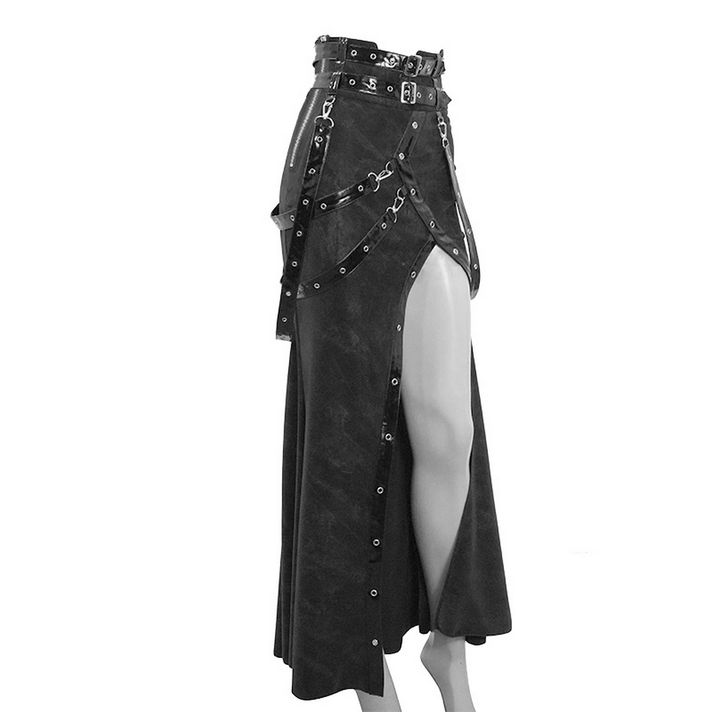 Women's vintage long skirt with straps and rivets, perfect for steampunk and grunge fashion.