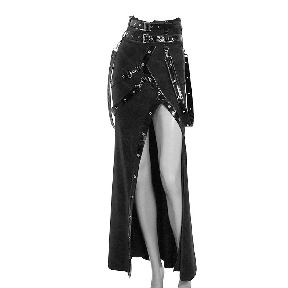 Women's vintage black long skirt featuring rivets, straps, and belts for steampunk and gothic fashion.