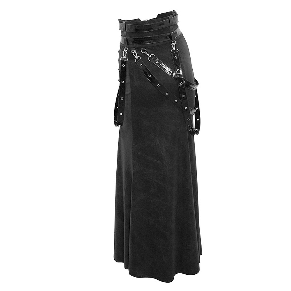 Women's vintage long skirt with straps and rivets, perfect for steampunk and grunge fashion.
