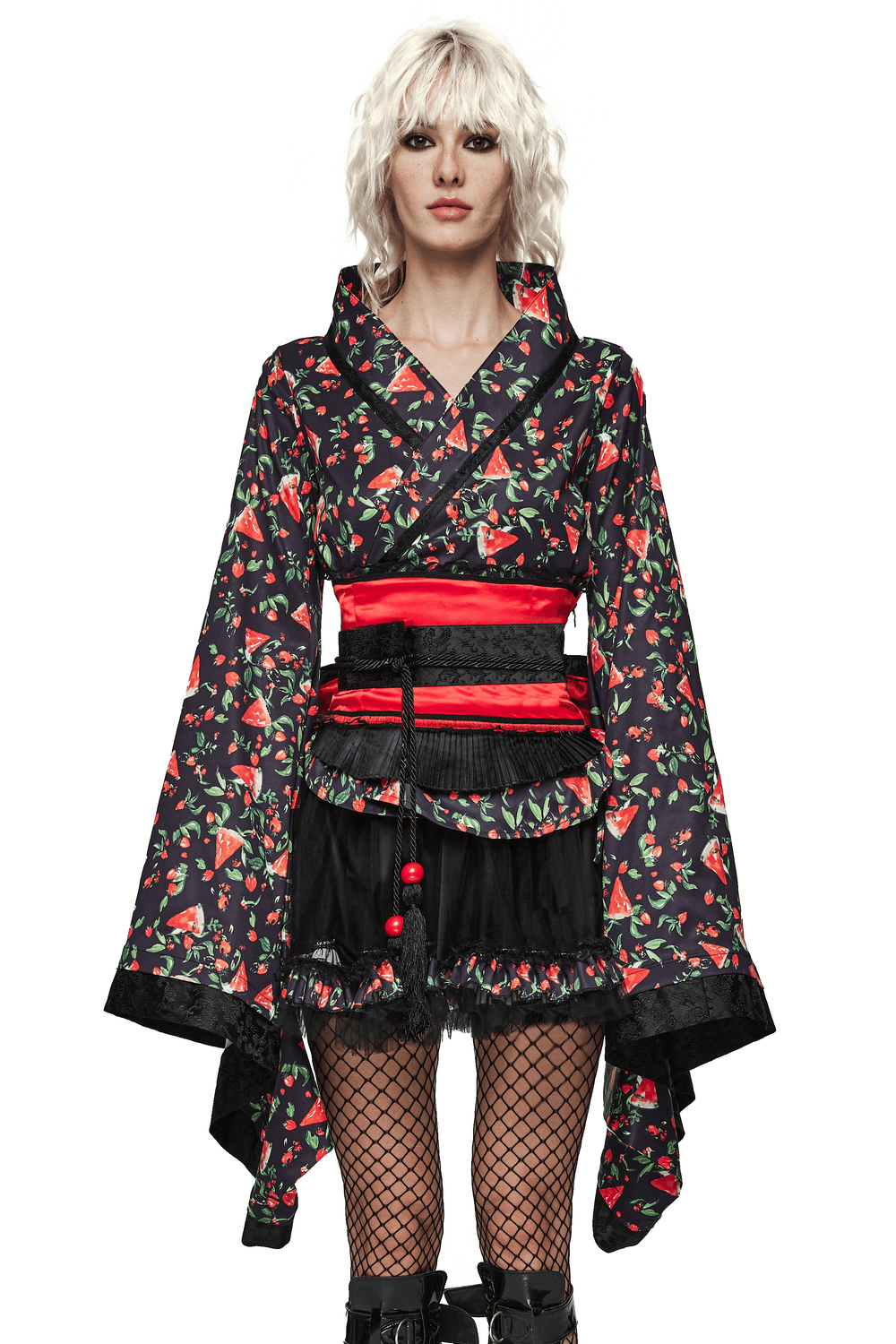 Women's watermelon print kimono set featuring a floral design and fluffy skirt, perfect for cosplay and anime fashion.