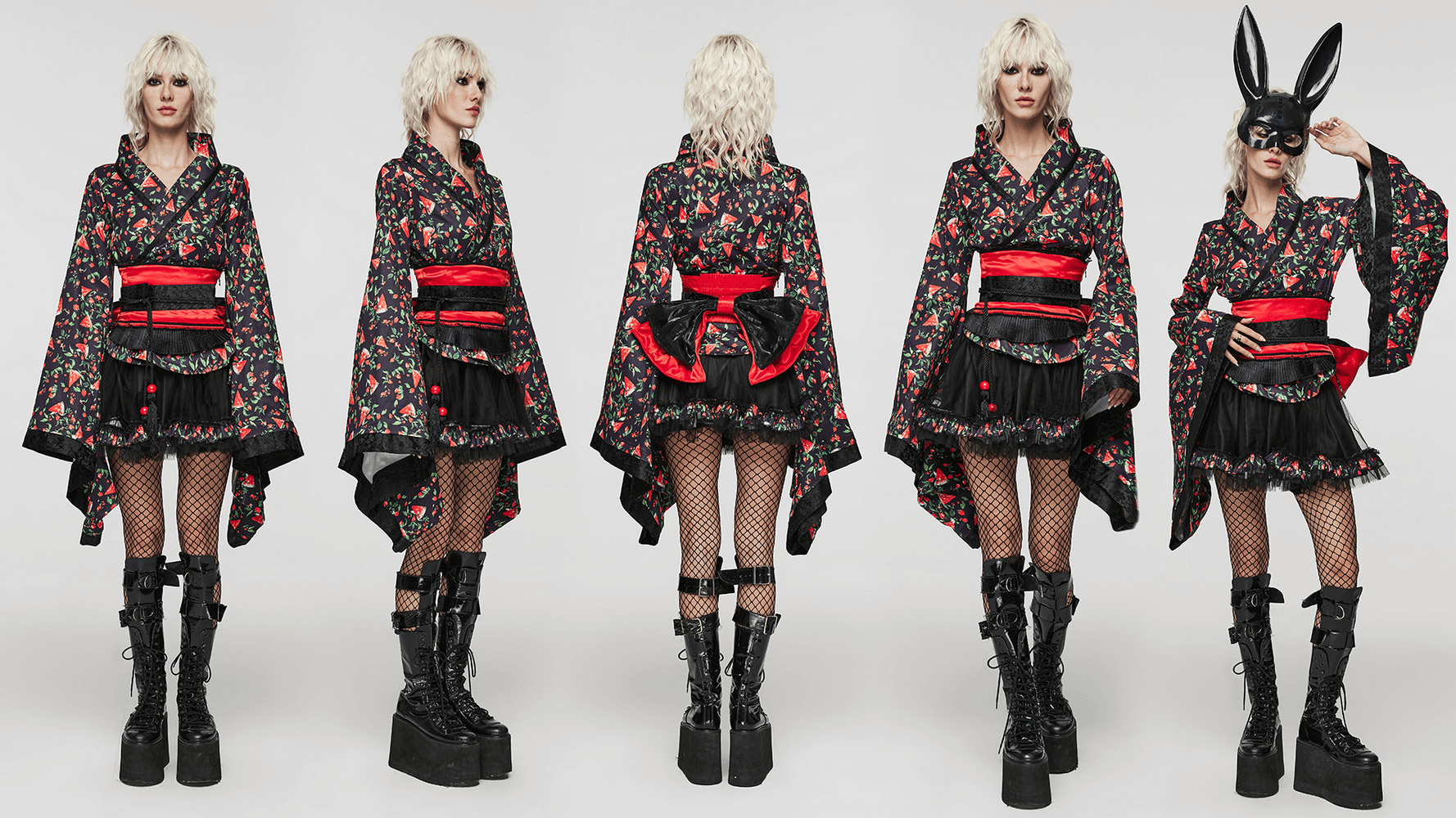 Women's floral kimono set with red sash and black skirt, perfect for cosplay and unique fashion styling.