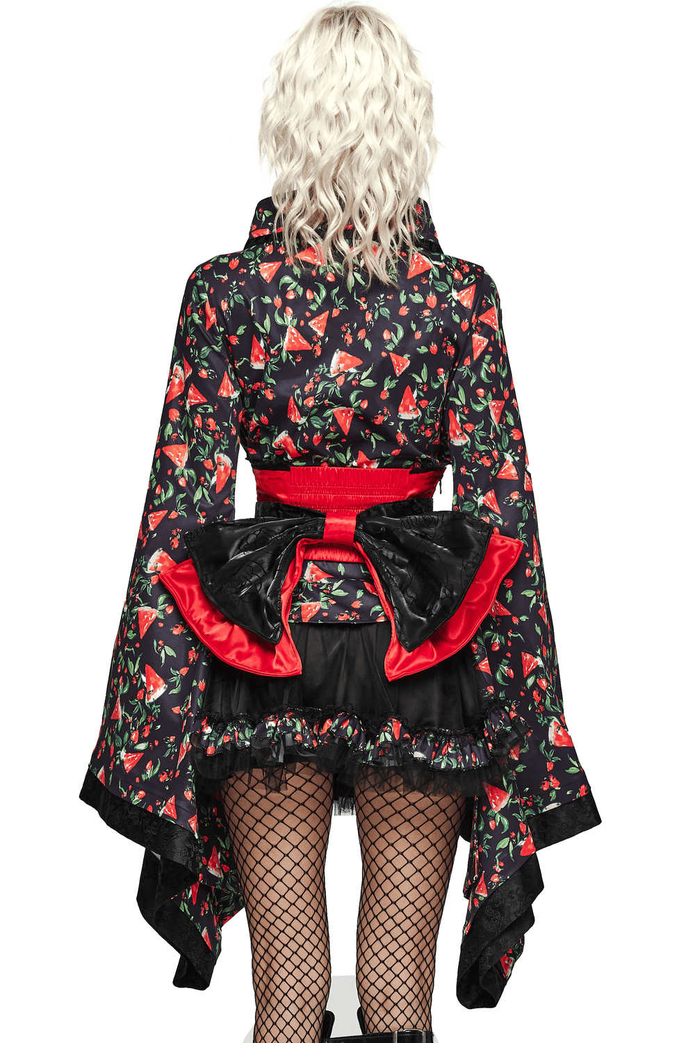 Back view of Women's Watermelon Print Kimono Set showing vibrant print and fluffy skirt, perfect for cosplay and anime fashion.