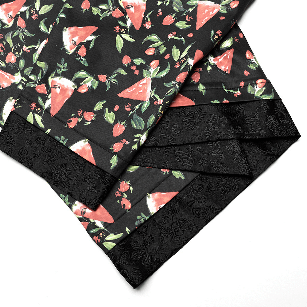 Women's watermelon print kimono fabric close-up showcasing vibrant colors and floral accents. Perfect for cosplay and anime fashion.