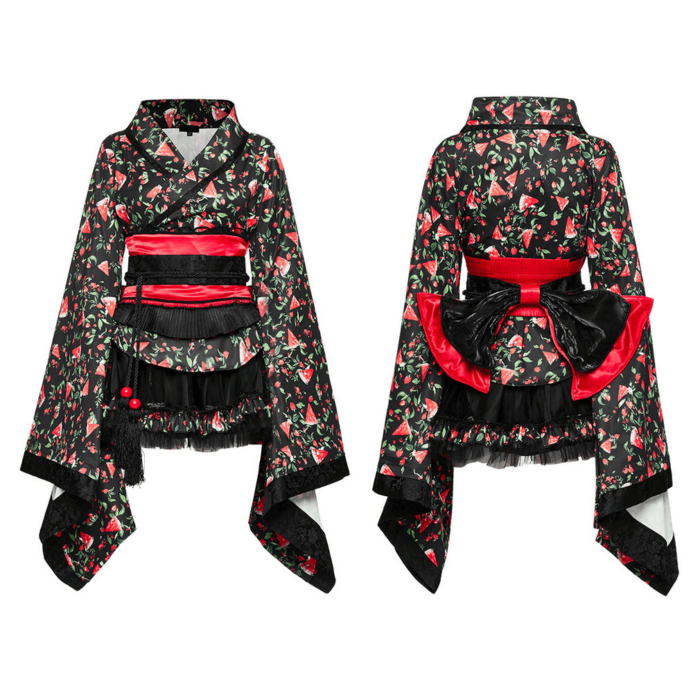 Women's watermelon print kimono set showcases a vibrant anime-style design, perfect for cosplay and unique fashion expression.