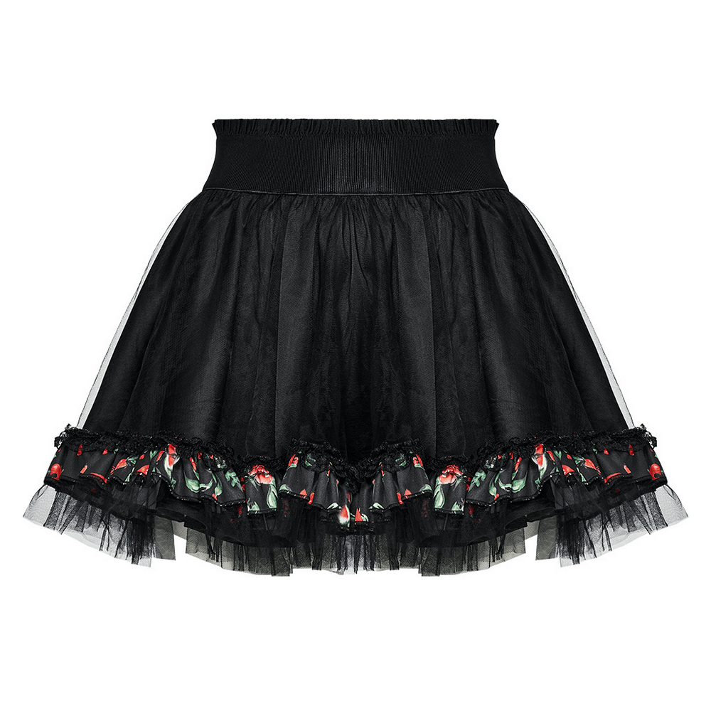 Black fluffy short skirt with floral print and layers, perfect for a cute and stylish cosplay look.