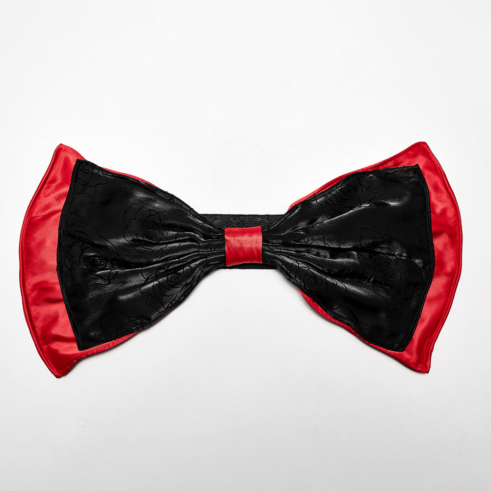 Black and red oversized bow tie with floral texture, perfect for costumes or stylish accessory events.