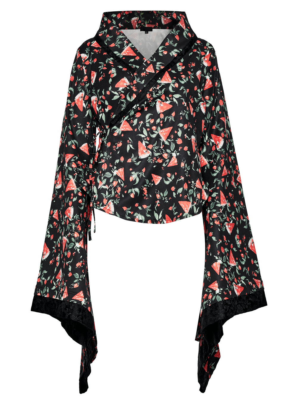 Women's watermelon print kimono featuring vibrant colors and flowing sleeves, perfect for cosplay or unique style expression.