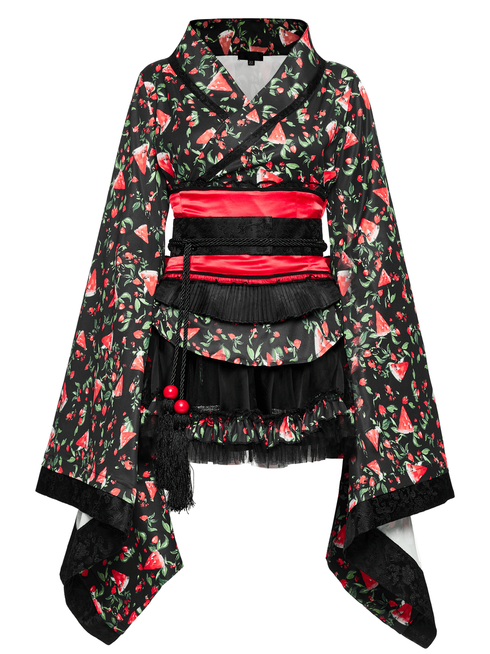 Women's watermelon print kimono set featuring red accents and a fluffy skirt, perfect for cosplay and anime fashion.