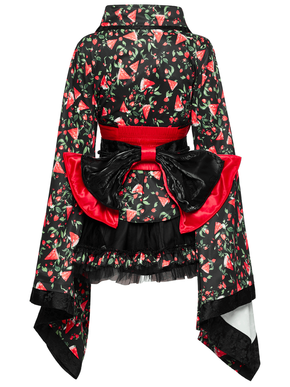 Women's watermelon print kimono set featuring dramatic sleeves and a playful flared skirt for cosplay and unique style.