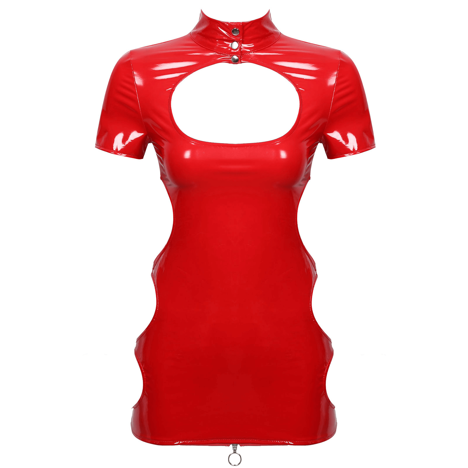 Women's wet look bodycon mini dress in red patent leather, featuring a front cut-out and zipper for an erotic and stylish look.
